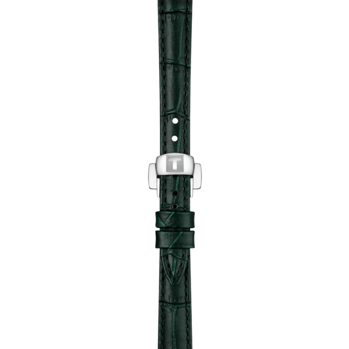 Green crocodile-patterned watch strap with a silver buckle on a white background