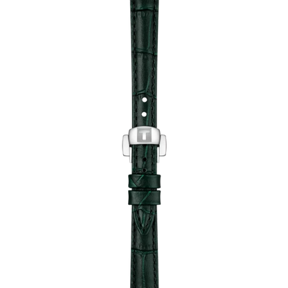 Green crocodile-patterned watch strap with a silver buckle on a white background