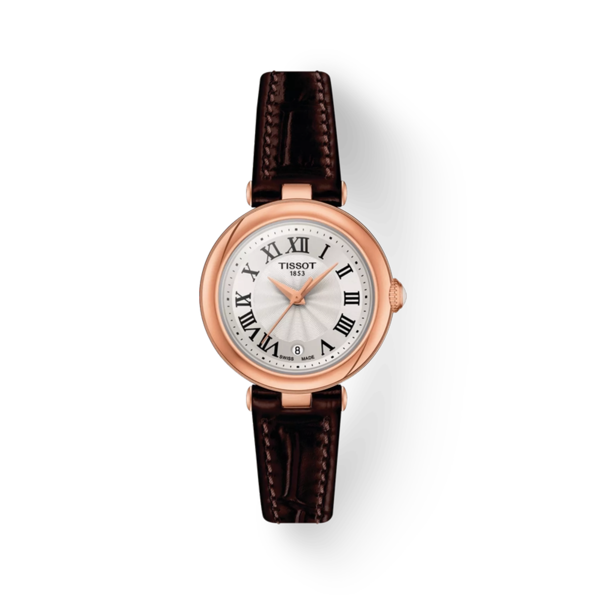 Tiffany watch with brown leather strap and rose gold case on white background