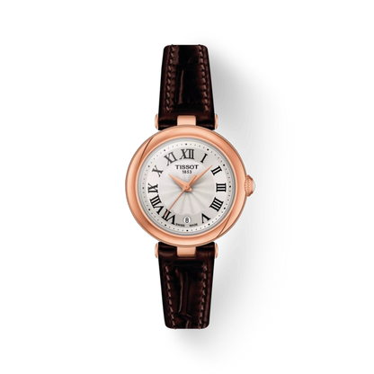 Tiffany watch with brown leather strap and rose gold case on white background