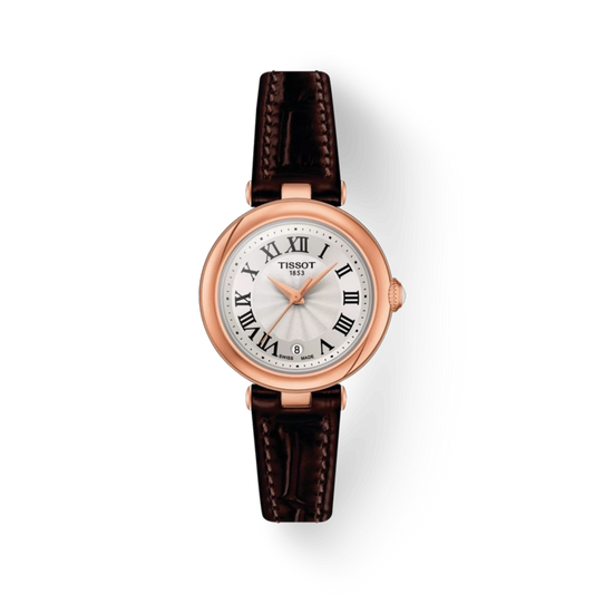 Tiffany watch with brown leather strap and rose gold case on white background