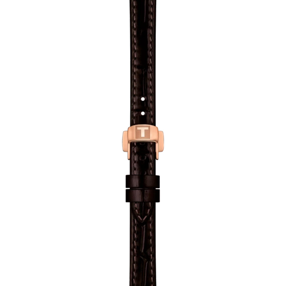 Brown leather strap with a rose gold clasp on a white background