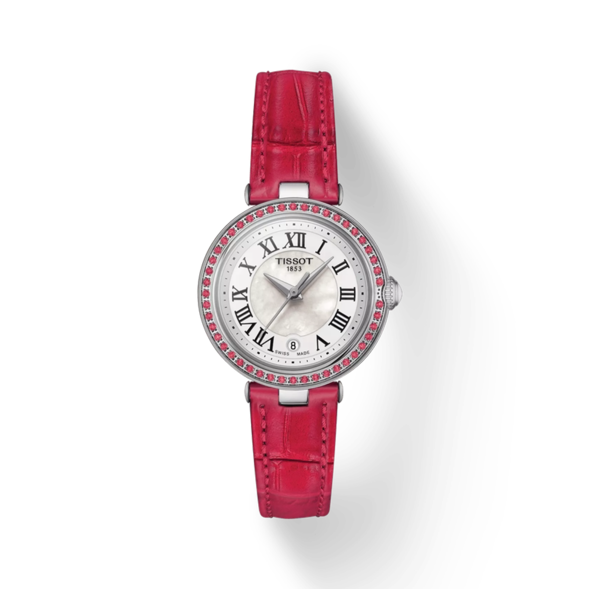 Watch with a red strap and silver case on a white background