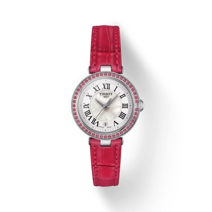 Watch with a red strap and silver case on a white background