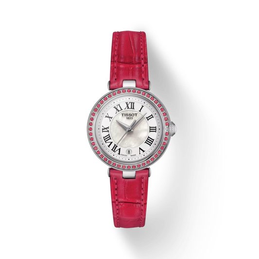 Watch with a red strap and silver case on a white background