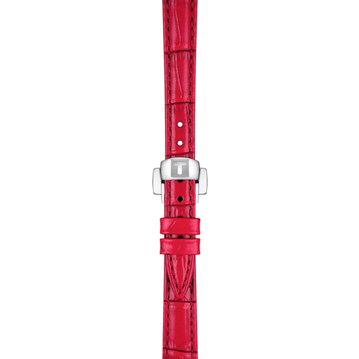 Red watch strap with silver clasp on a white background