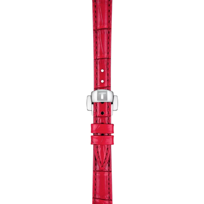 Red watch strap with silver clasp on a white background