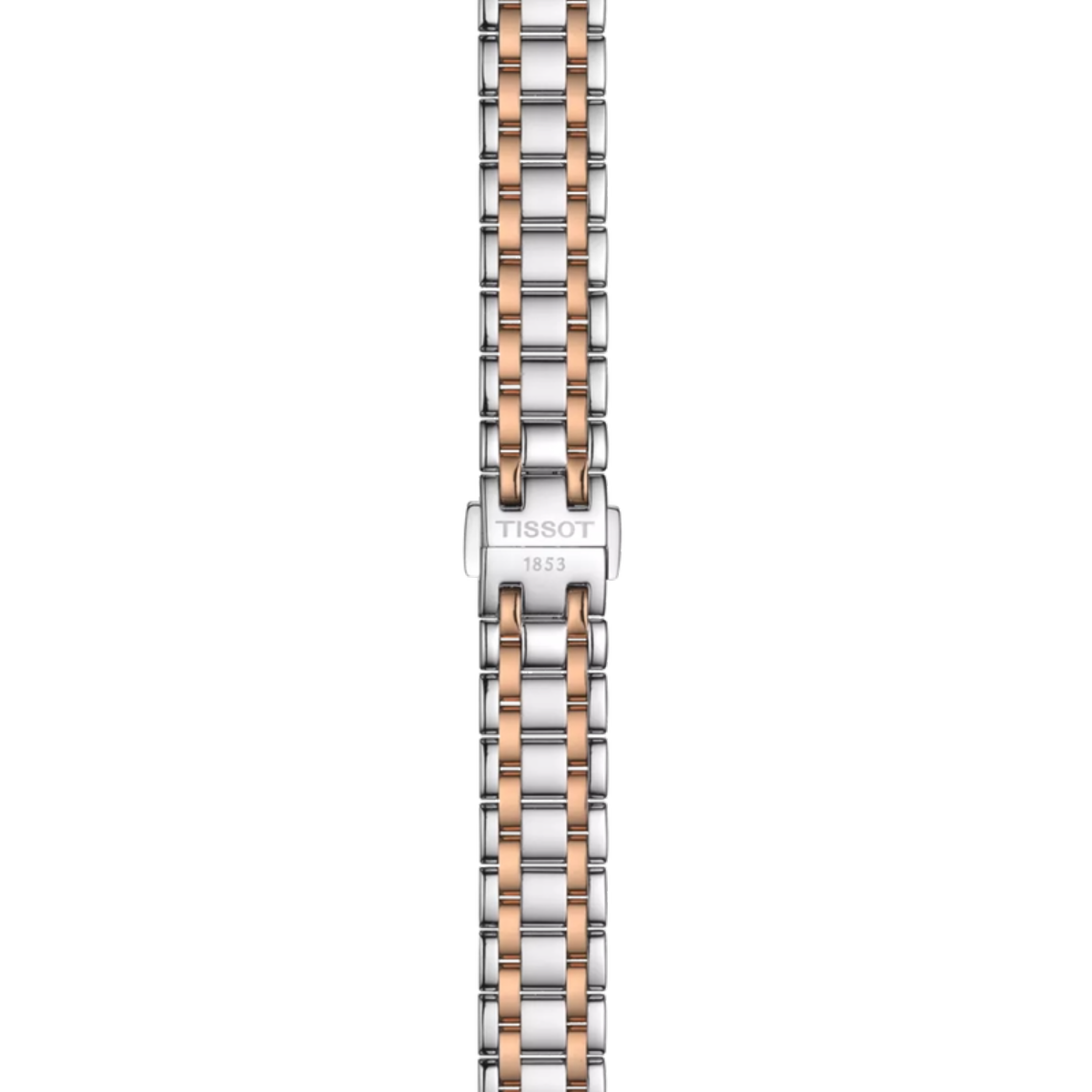 Two-tone watch strap with Tissot logo on a white background