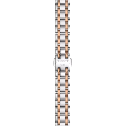Two-tone watch strap with Tissot logo on a white background