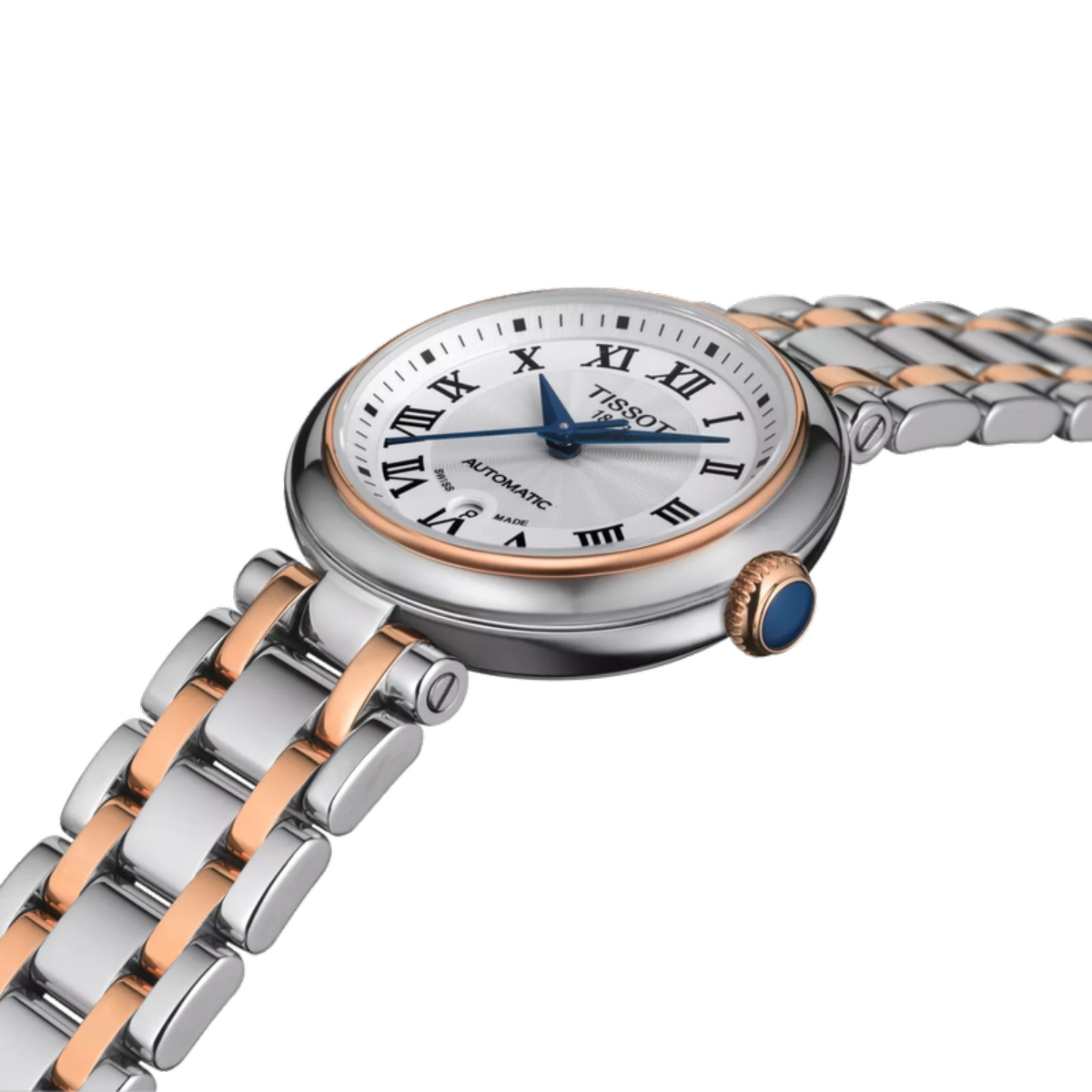 Tissot watch with silver and rose gold band on a white background