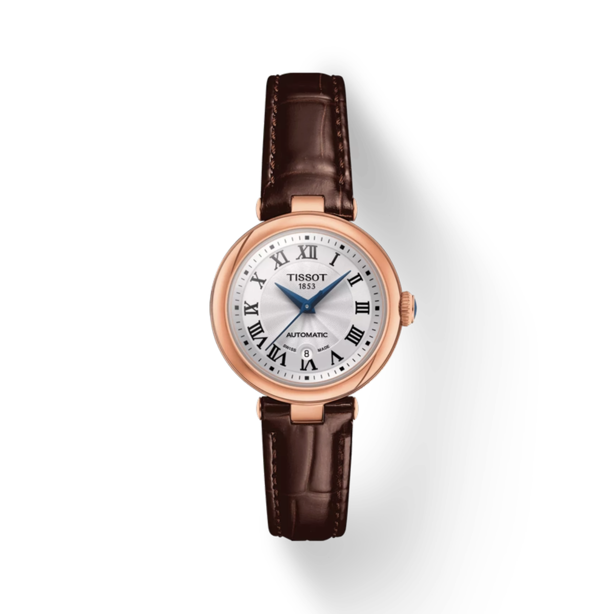 Tissot watch with brown leather strap and silver dial on white background