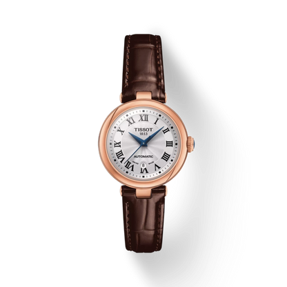 Tissot watch with brown leather strap and silver dial on white background
