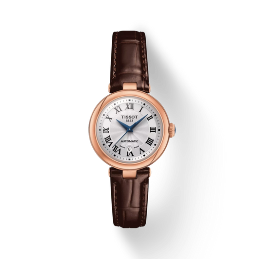 Tissot watch with brown leather strap and silver dial on white background
