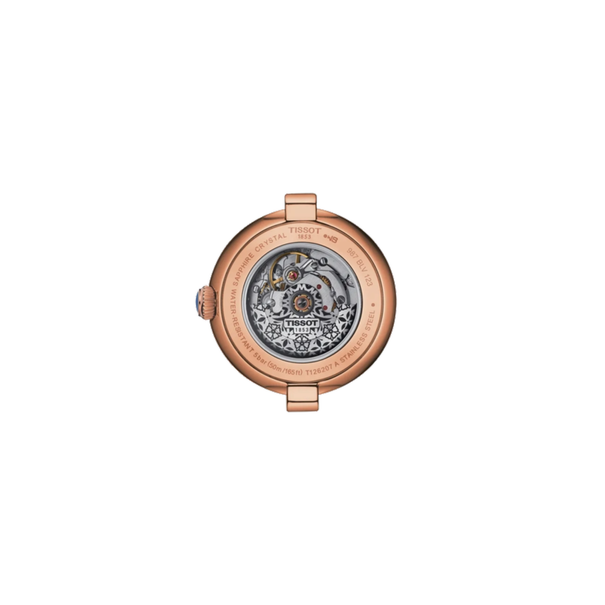 Rose gold watch case with visible brand logo on a white background