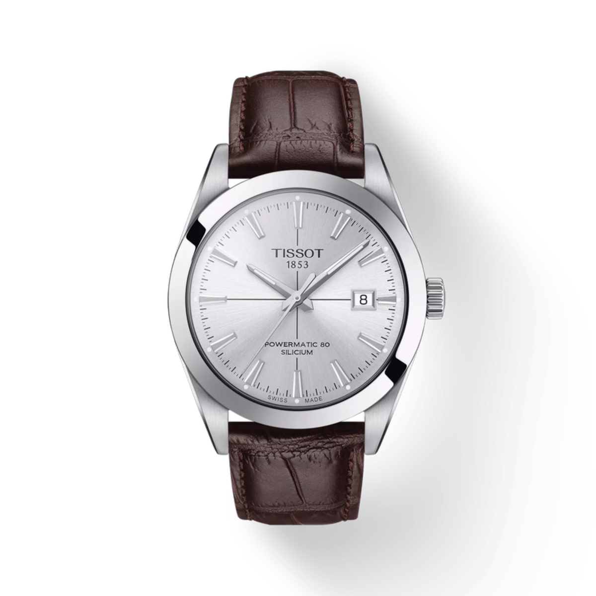 Tissot watch with brown leather strap on a white background