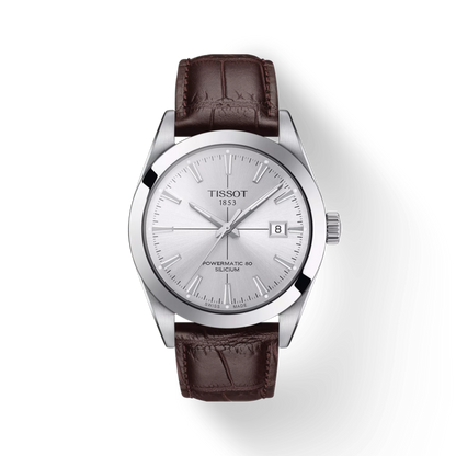 Tissot watch with brown leather strap on a white background