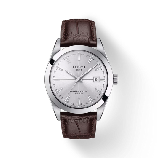 Tissot watch with brown leather strap on a white background