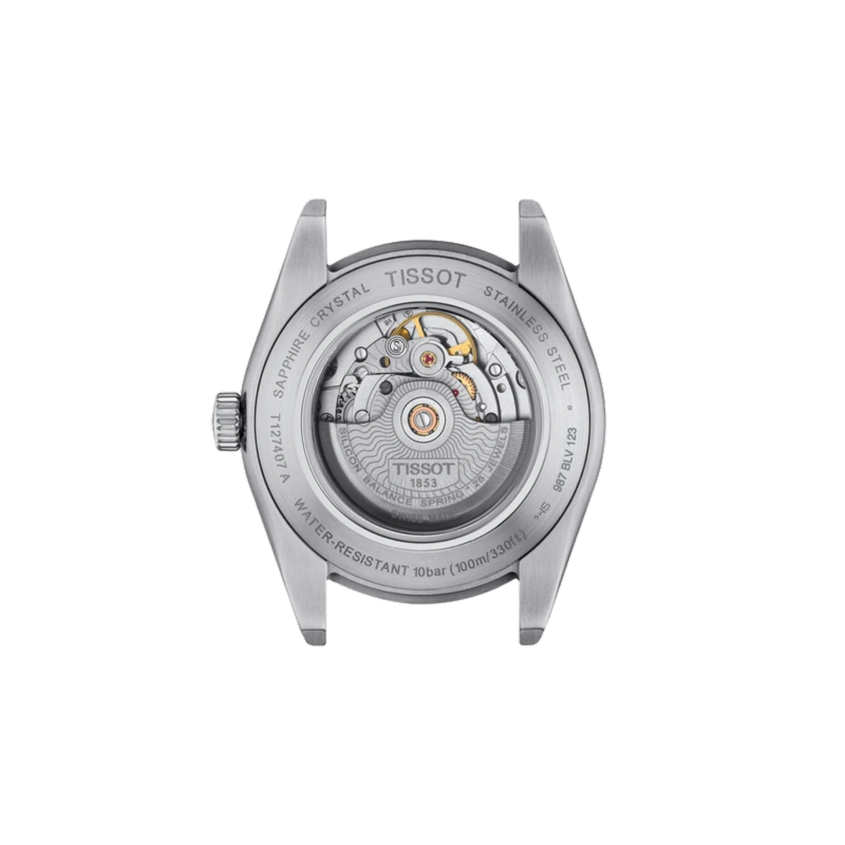 Tissot watch mechanism on a white background