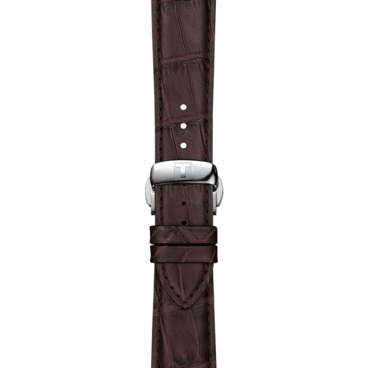 Brown crocodile leather watch strap with silver buckle on a white background