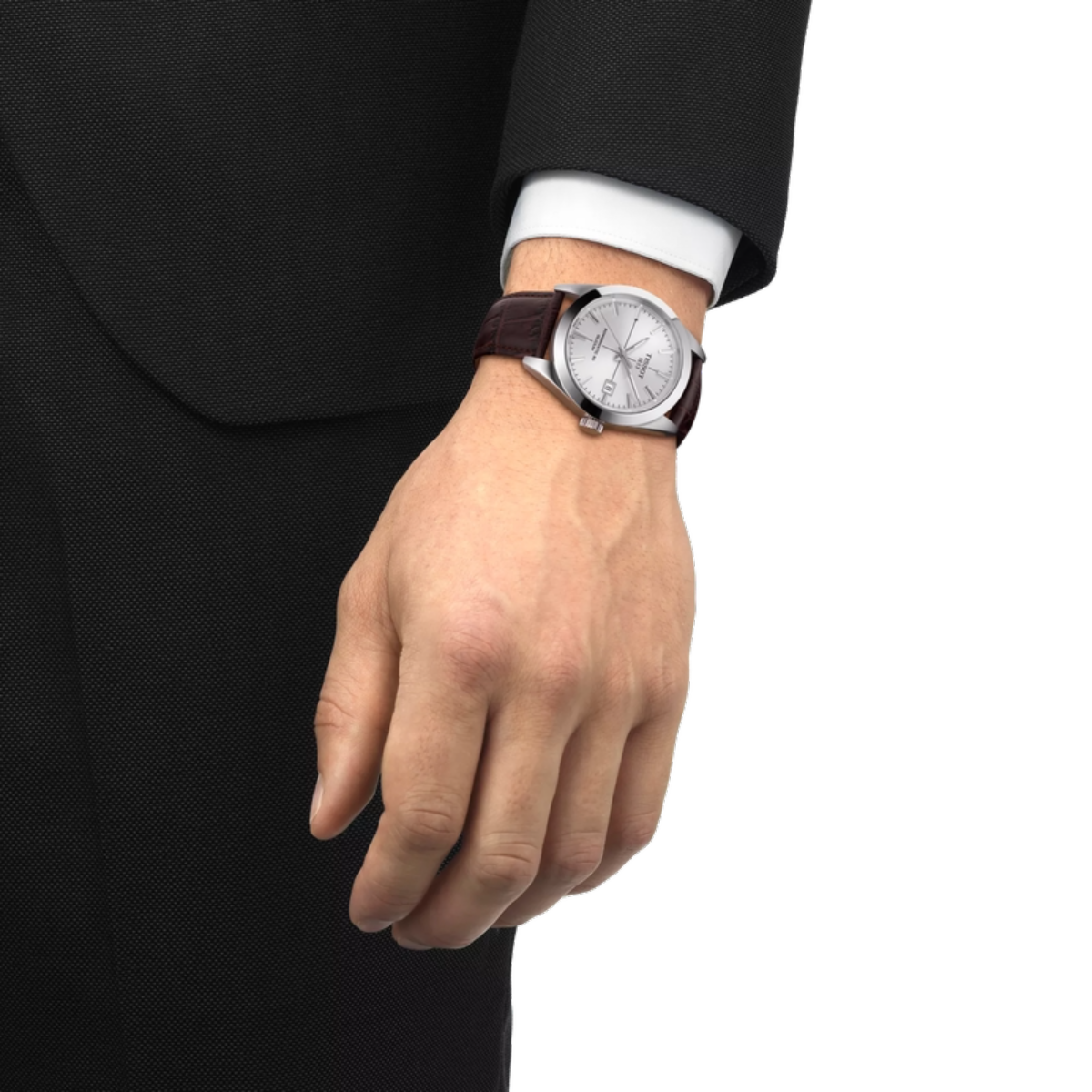 Hand wearing a wristwatch with a brown leather strap on a white background