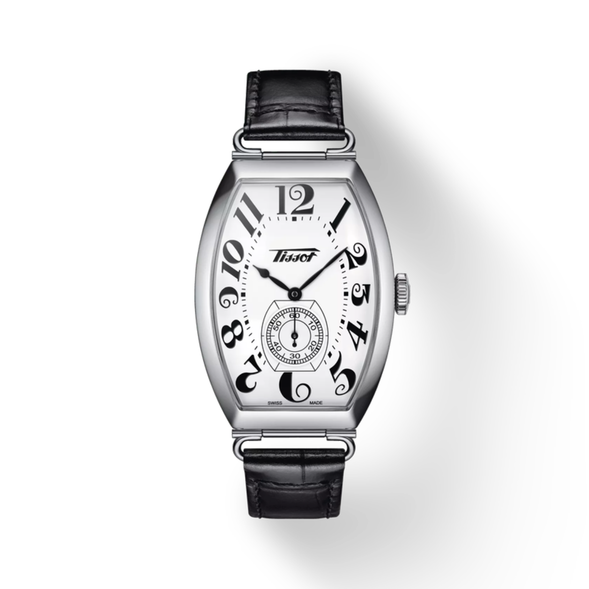 Silver watch with black leather strap on a white background