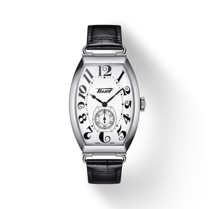Silver watch with black leather strap on a white background