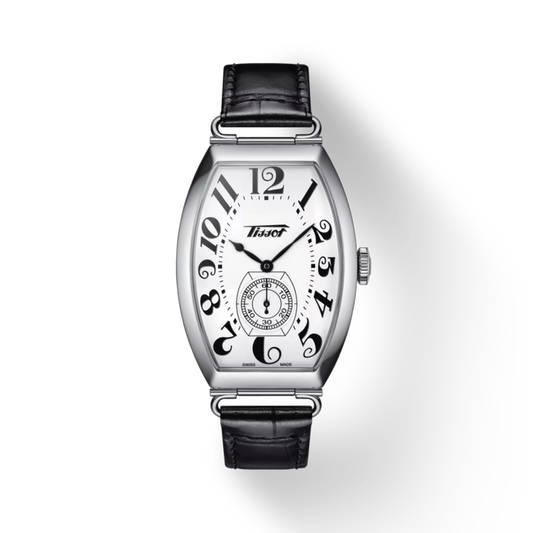 Silver watch with black leather strap on a white background