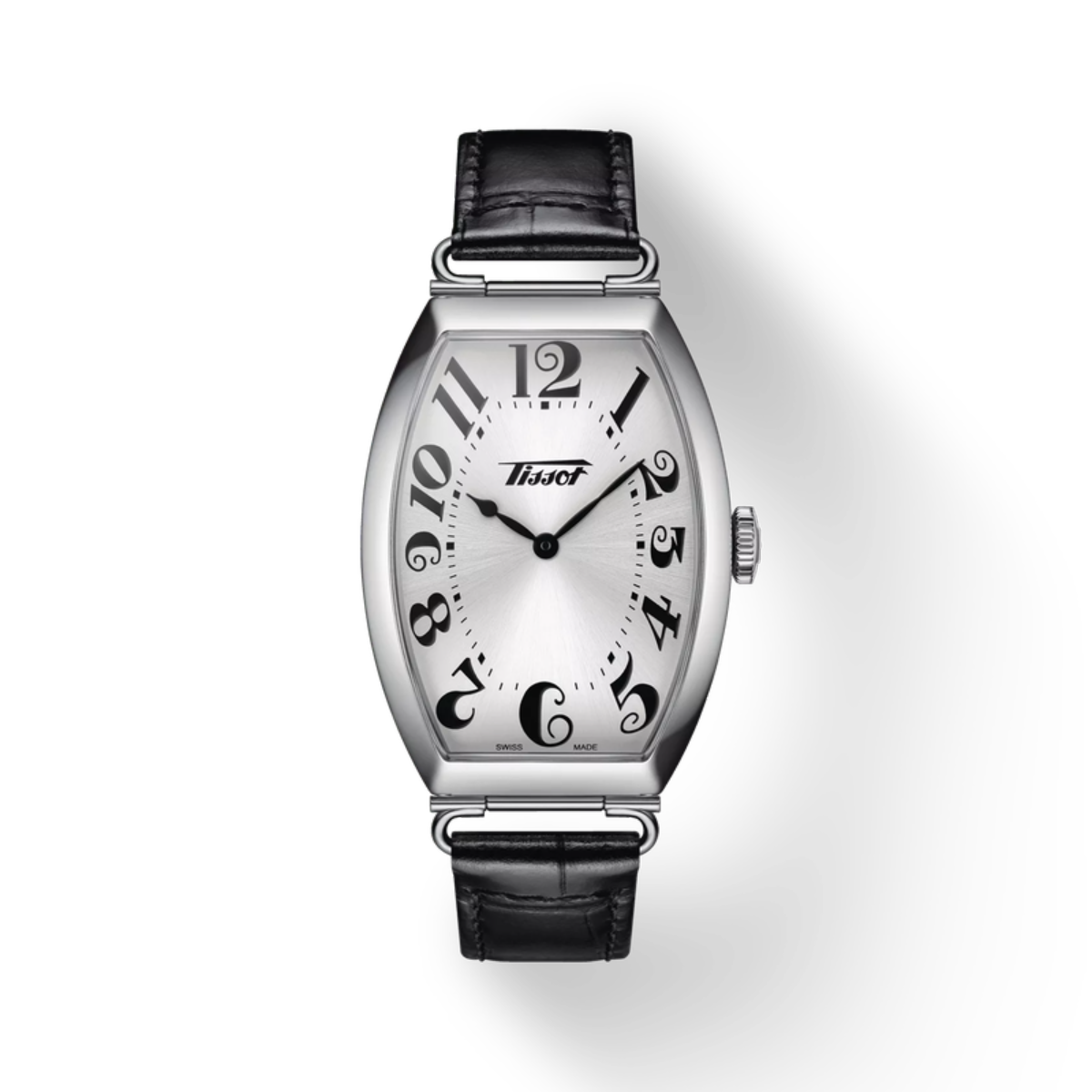 Silver watch with black leather strap on a white background