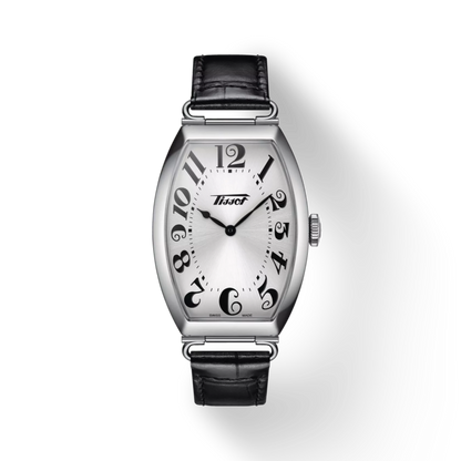 Silver watch with black leather strap on a white background