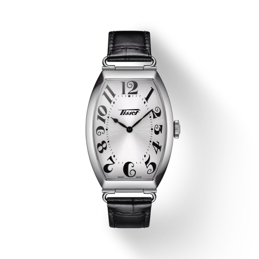 Silver watch with black leather strap on a white background