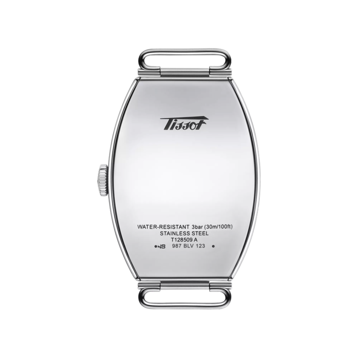 Silver watch case with Tissot logo on a white background