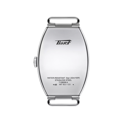 Silver watch case with Tissot logo on a white background