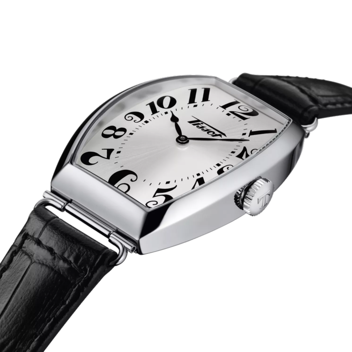 Wristwatch with black leather strap and silver case on a white background