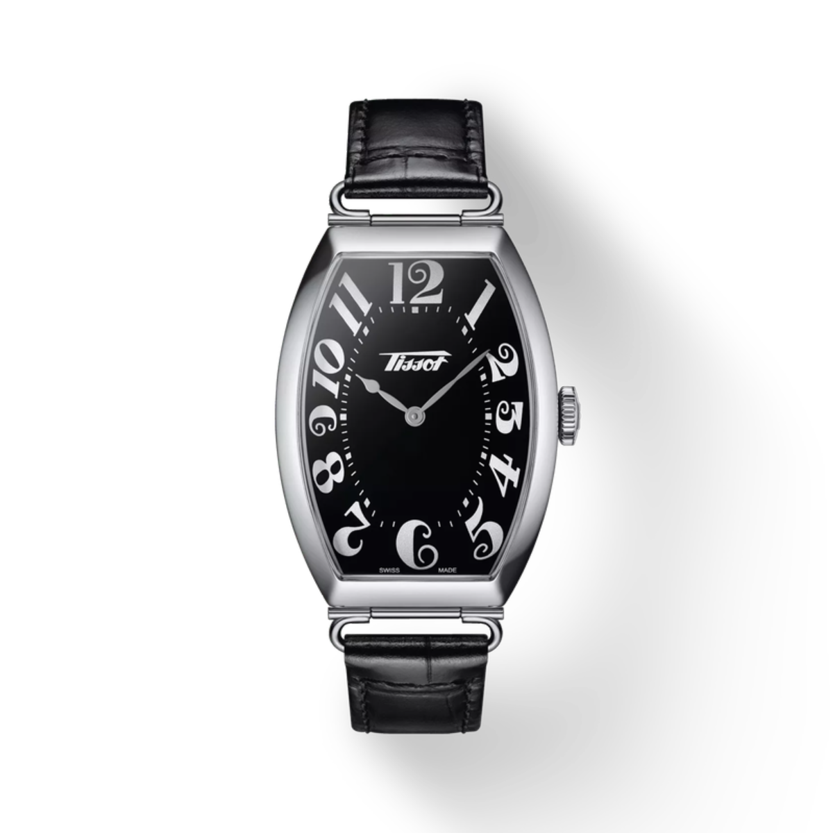 Thun watch with black face and leather strap on a white background