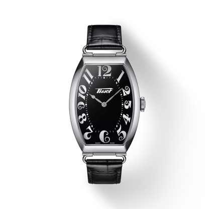 Thun watch with black face and leather strap on a white background