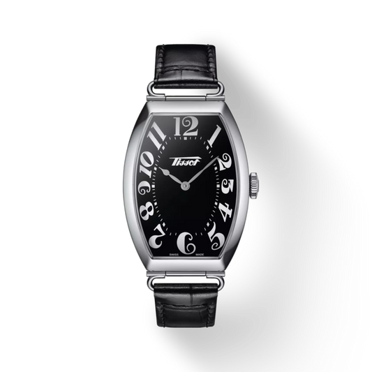 Thun watch with black face and leather strap on a white background