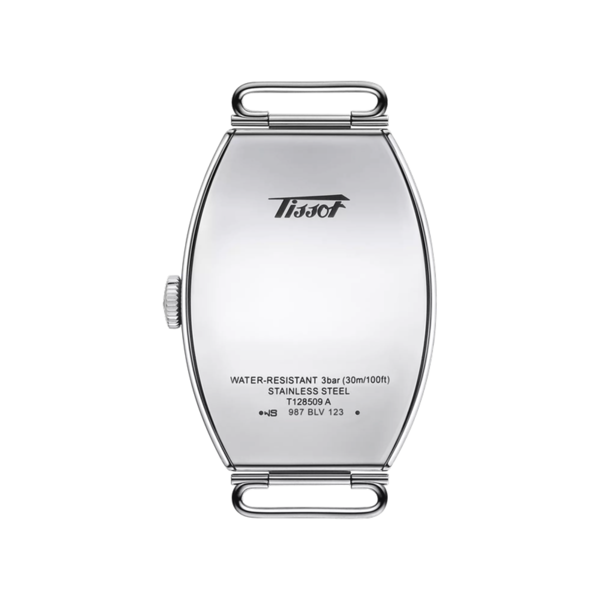 Silver watch case with Tissot logo on a white background