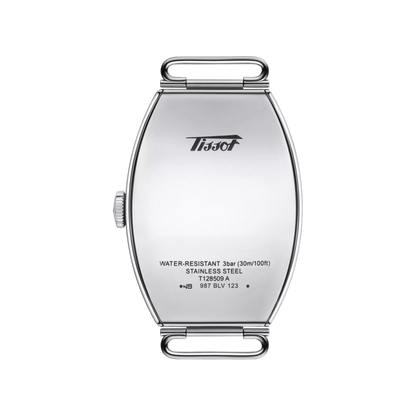 Silver watch case with Tissot logo on a white background