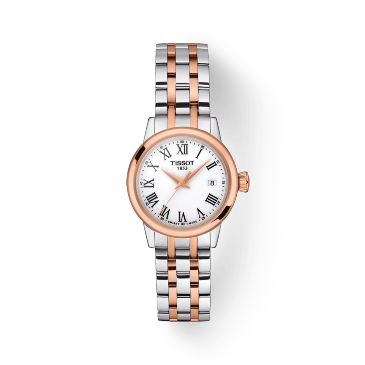 Tissot watch with two-tone rose gold and silver bracelet on a white background