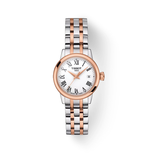 Tissot watch with two-tone rose gold and silver bracelet on a white background