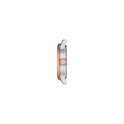 Wristwatch with rose gold and silver design on a white background