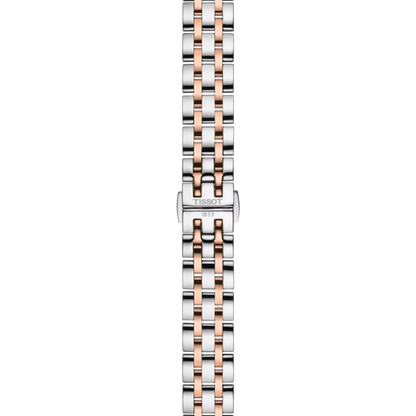 Two-tone watch strap with Tissot logo on a white background