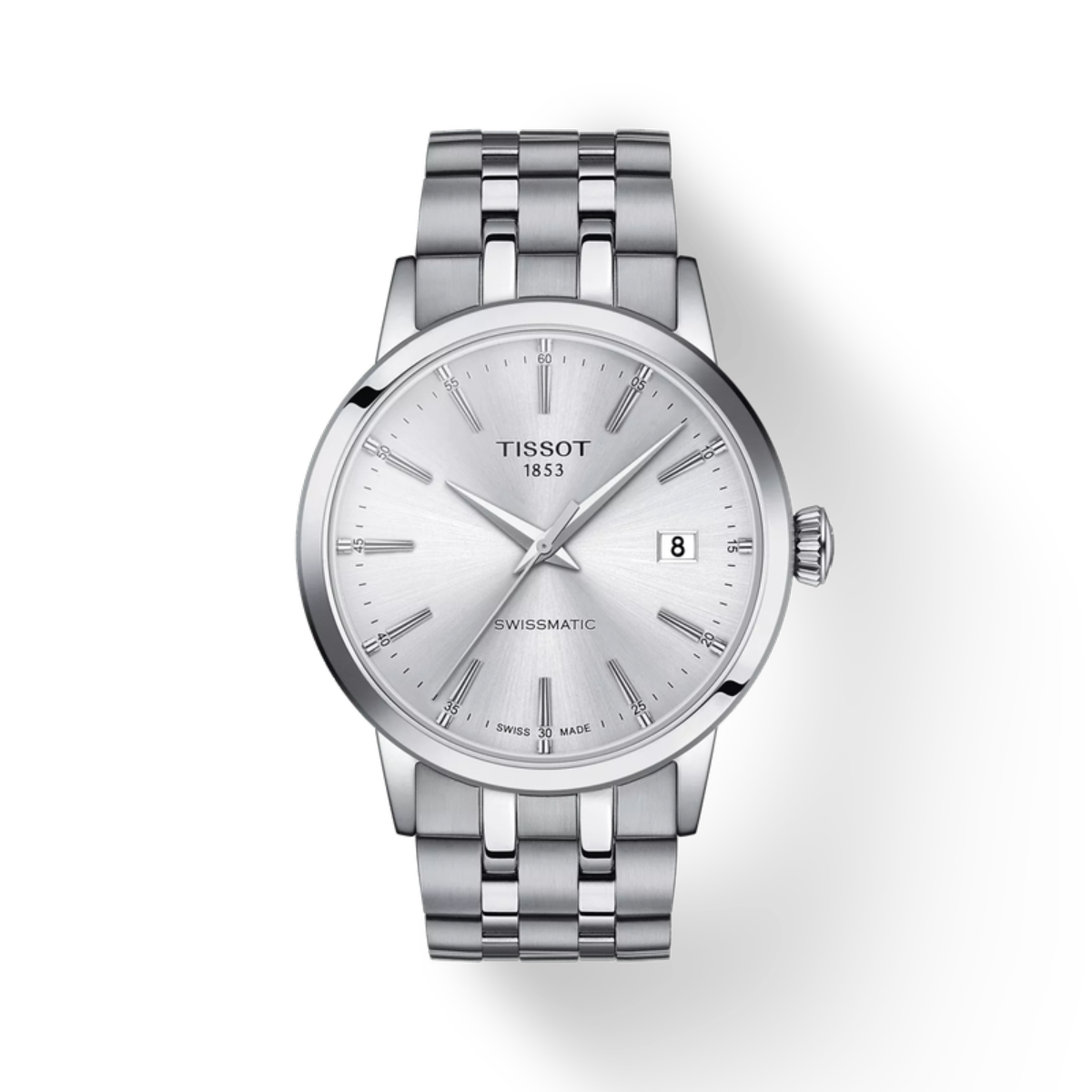Silver Tissot watch with a white face on a light gray background
