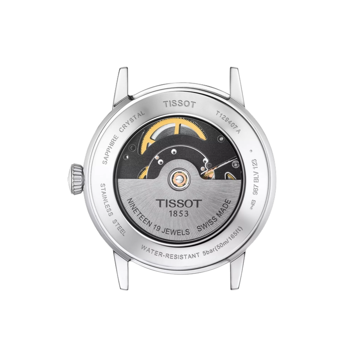 Tissot watch face with detailed mechanical components on a white background
