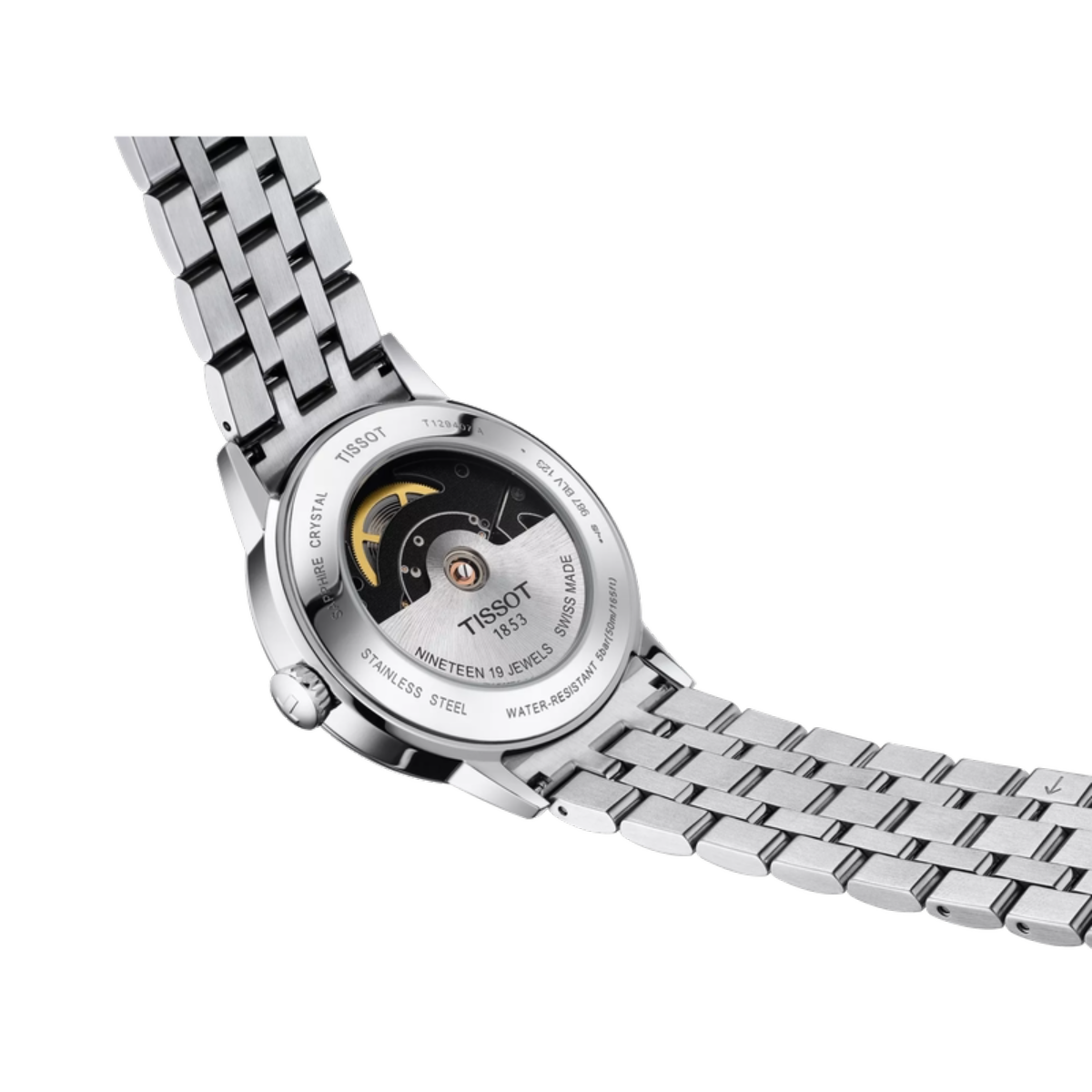 Close-up of a Tissot watch with a metal bracelet on a white background