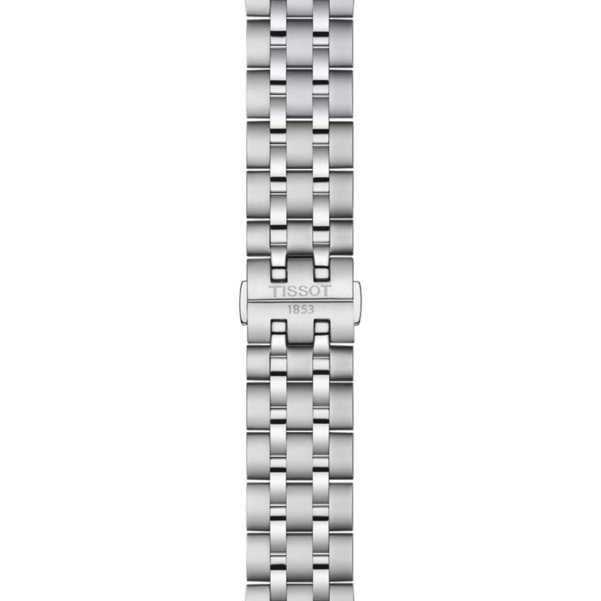 Silver watch strap with Tissot logo on a white background