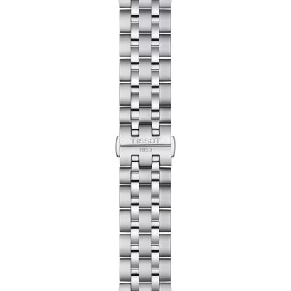 Silver watch strap with Tissot logo on a white background