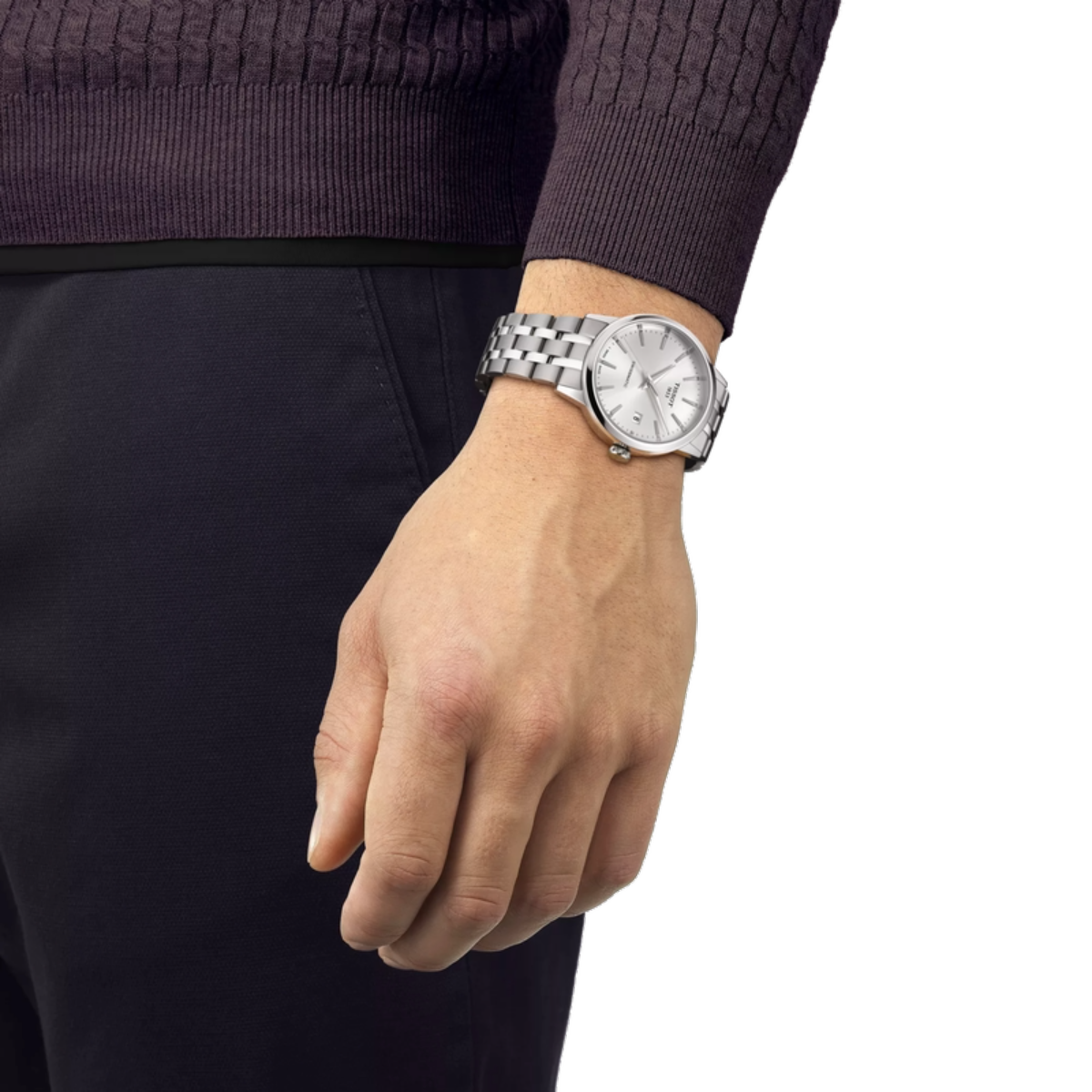 Hand wearing a silver watch on a white background