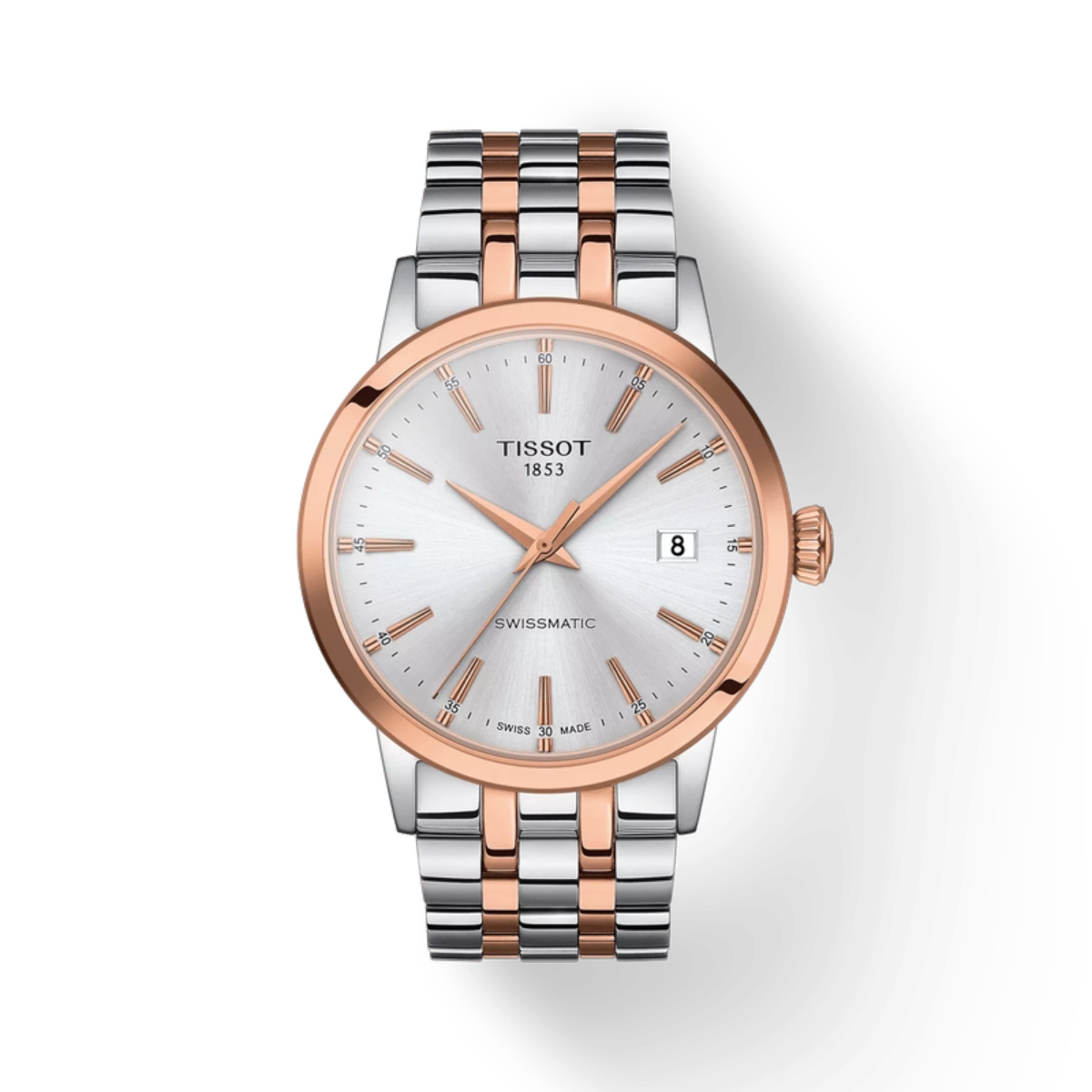 Tissot watch with two-tone rose gold and silver bracelet on a white background