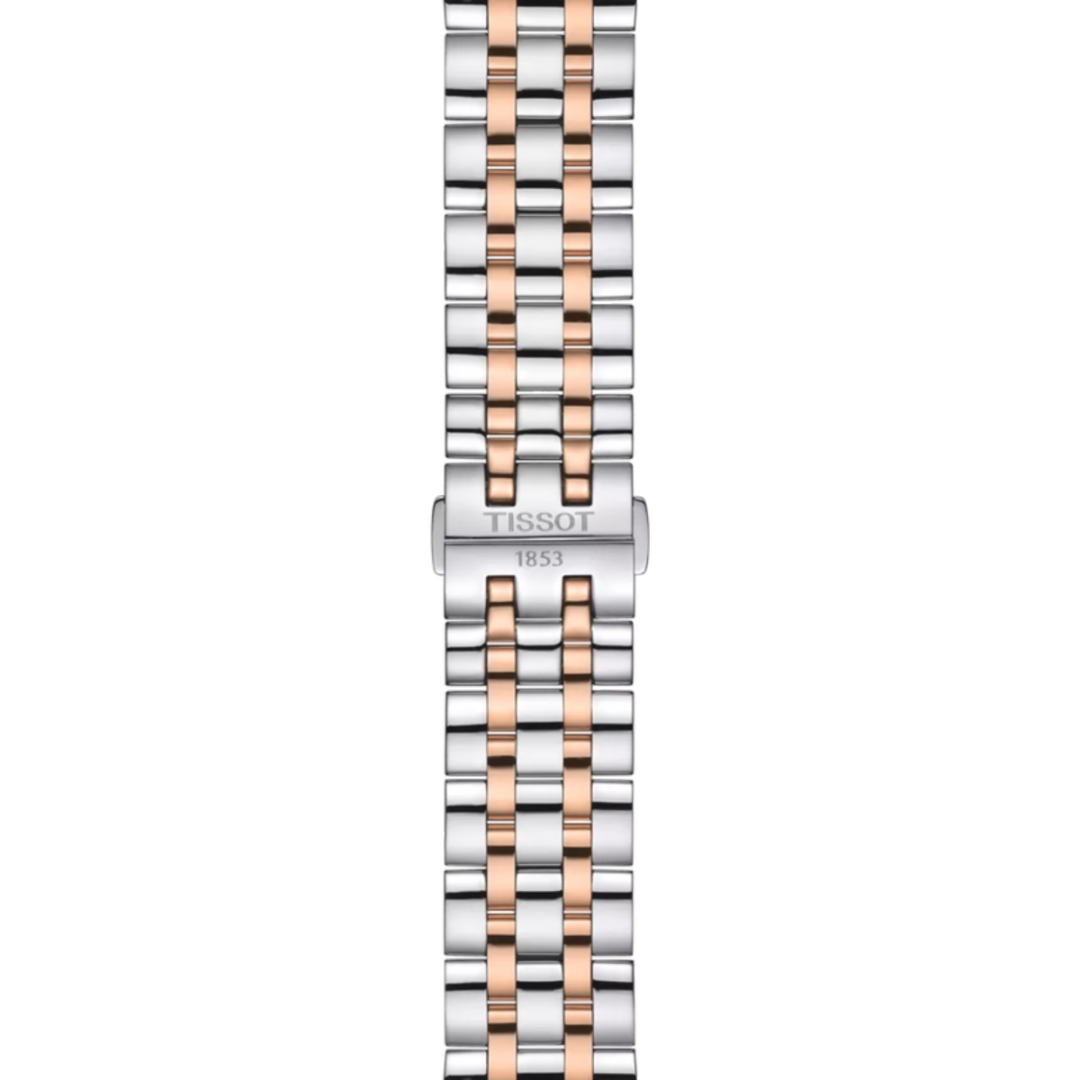 Two-tone watch strap with silver and rose gold colors on a white background